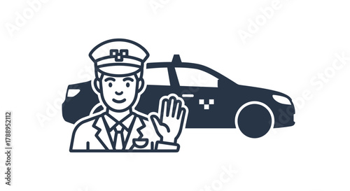 Driver making stop gesture with car in background isolated on white background