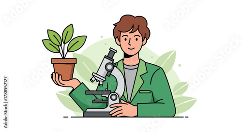 Scientist Holding Plant and Microscope with Leafy Background
