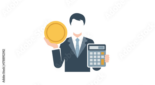 Businessman Holding Gold Coin and Calculator Isolated on White Background Financial Concept