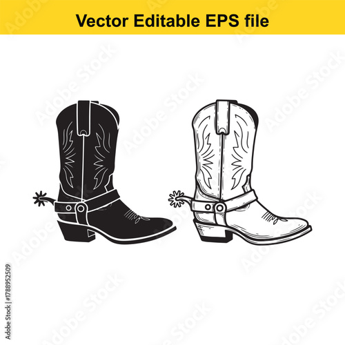 Two cowboy boots, one black and one white, with spurs