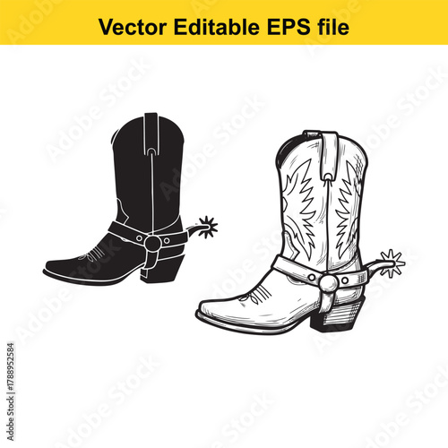 Two cowboy boots, one black and one white, with spurs