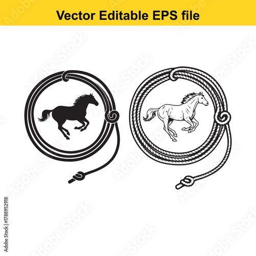 Two vector illustrations of horses inside lasso circles, one silhouette and one line art
