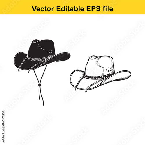 Two cowboy hats, one in silhouette and one in line art, with chin strap
