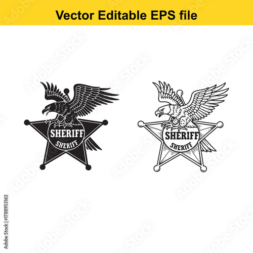 Two sheriff badges with eagles, one solid black and one outlined