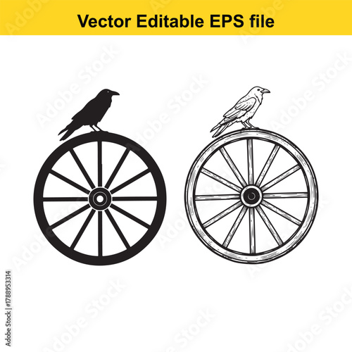 Two crows perched on wagon wheels, one a solid black silhouette and the other a detailed line drawing
