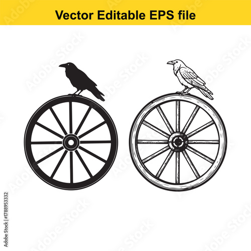 Two crows perched on wagon wheels, one a solid black silhouette and the other a detailed line drawing