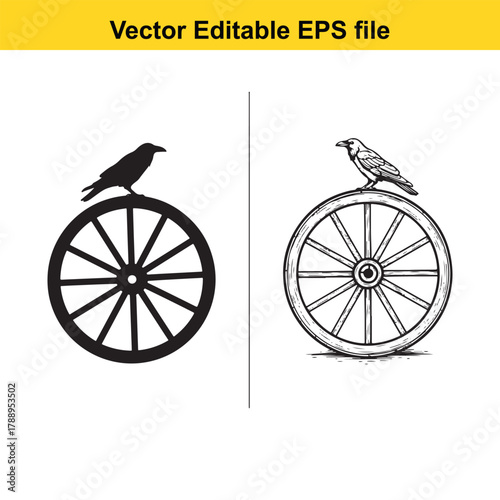 Two crows perched on wagon wheels, one a solid black silhouette and the other a detailed line drawing
