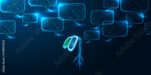 AI and sustainable agriculture concept with sprouting seed and digital chatbot bubbles