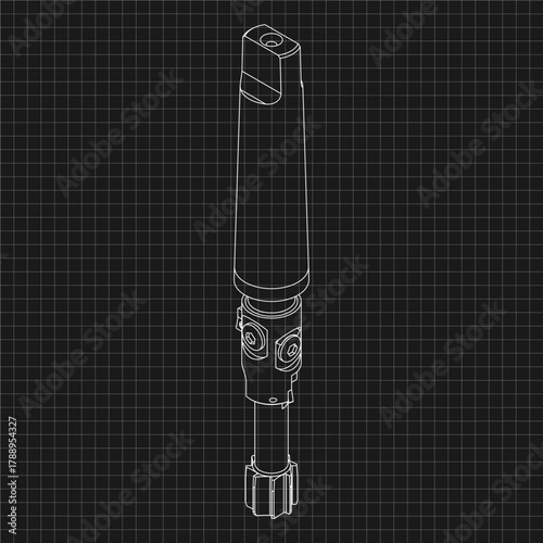 Mechanical engineering drawings. Tap tools, borer. Technical Design. Cover. Blueprint. Step Cutting Tool with Countersinking Function. Technical 3D Vector Illustration