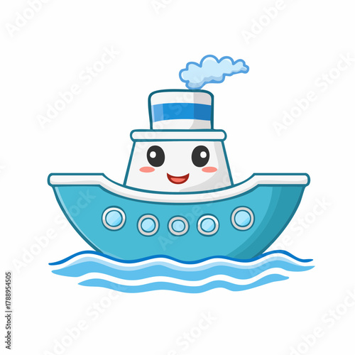 Adorable cartoon steamboat cheerfully sailing the waves, perfect for children's books, educational resources, or delightful nautical themes, fun and playful