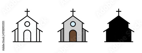 Three simple Icon set of a church with Cross on Top for Religious Purposes on white background