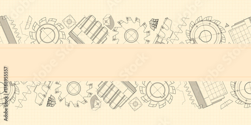 Mechanical engineering drawings on sepia background. Cutting tools, milling cutter. Technical Design. Cover. Blueprint. Horizontal seamless pattern. Vector illustration.