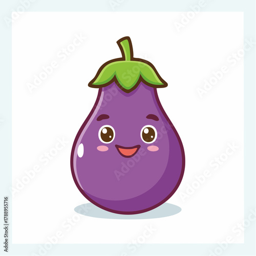 Delightful eggplant character smiles sweetly, a charming illustration perfect for kids menus or educational content about healthy eating habits and nutrition