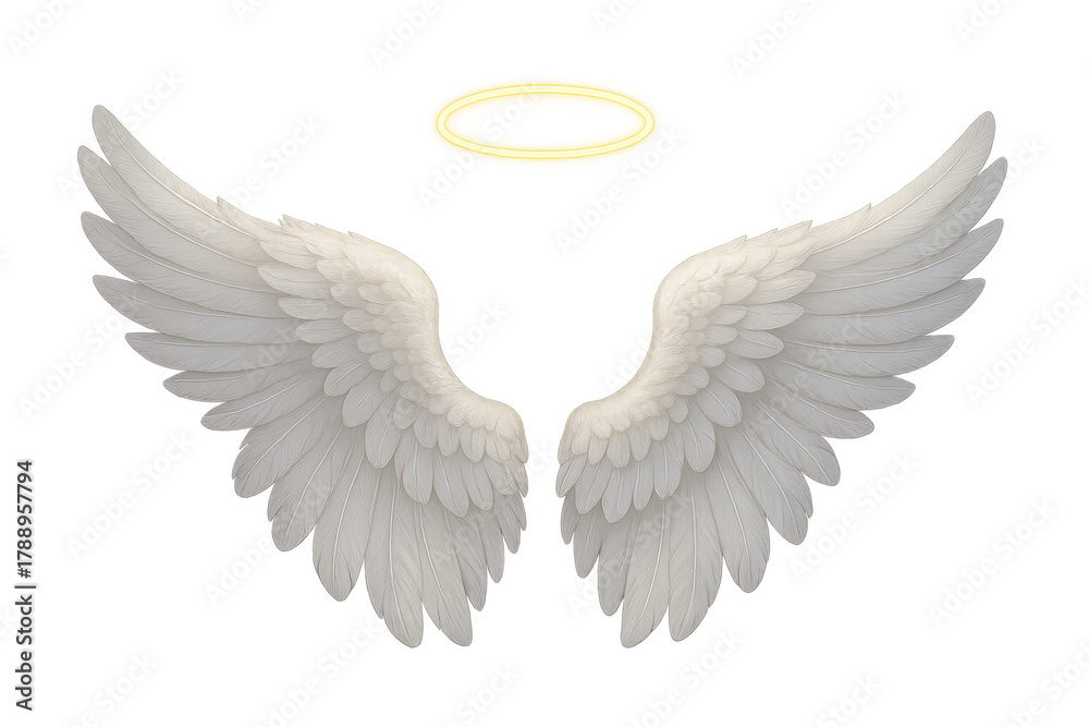 Obraz premium White angel wings and golden halo flying on transparent background representing heaven, spirituality, peace, and purity