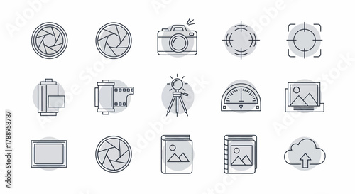 Collection of Photography Icons and Symbols Representing Camera Gear and Processes.