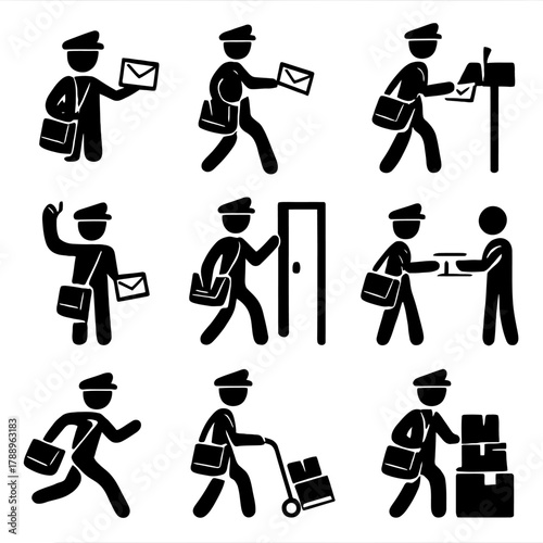 Mailman and Postal Service Delivery Silhouette Icons Set