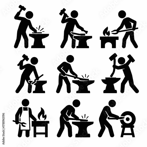 Blacksmith and Forging Process Thin Line Icons Set