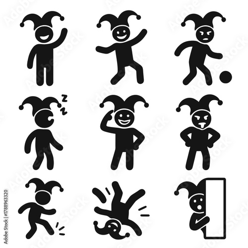 Jester and Clown Actions and Emotions Silhouette Icons Set