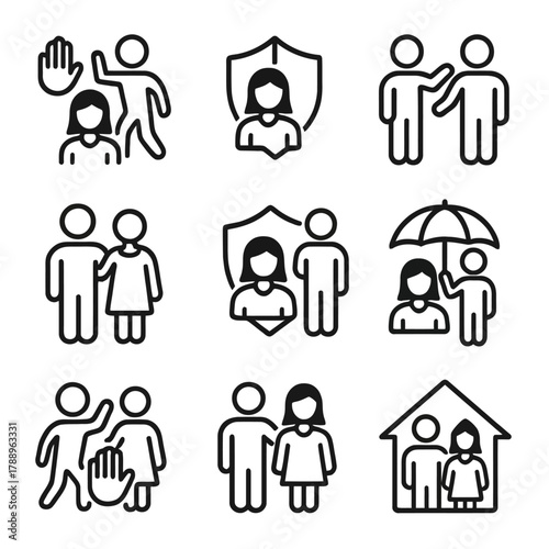 Woman Protection, Safety, and Violation Prevention Line Icons