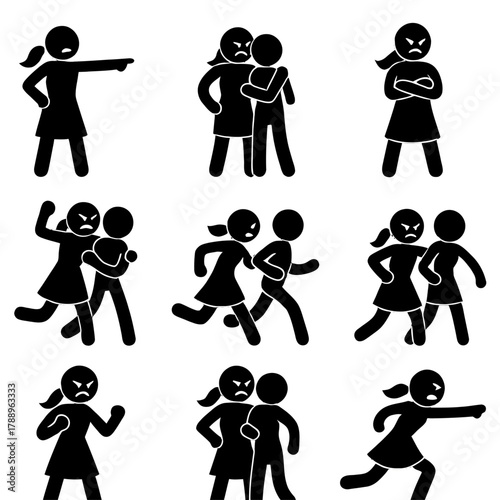 Possessive, Jealous, and Controlling Woman Silhouette Icons Set