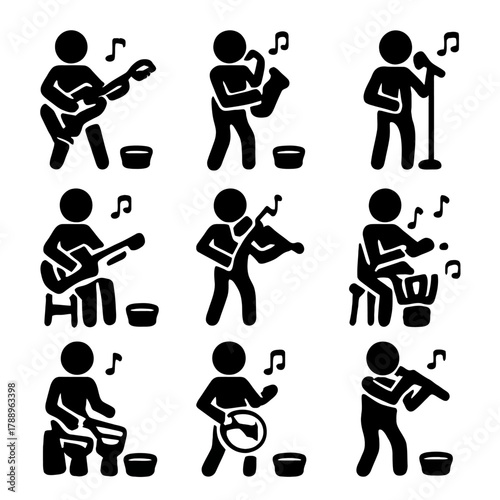 Street Musician and Busking Performance Silhouette Icons Set