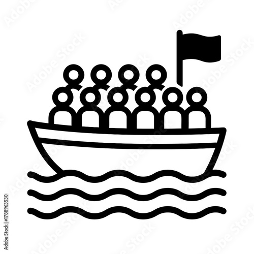 Overcrowded Boat with Migrants Line Icon