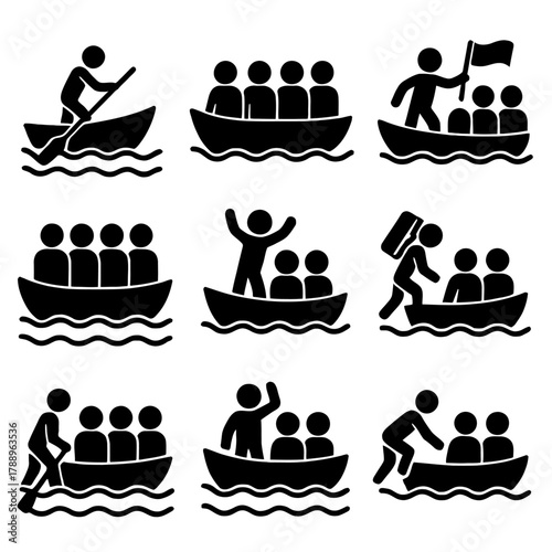 Migrants and Refugees Traveling by Boat Silhouette Icons Set