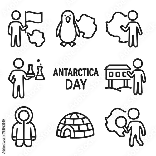 Antarctica Day Detailed Line Icons – Expedition and Wildlife