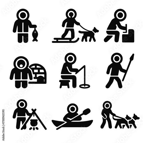 Inuit People Arctic Lifestyle and Traditional Activities Icons