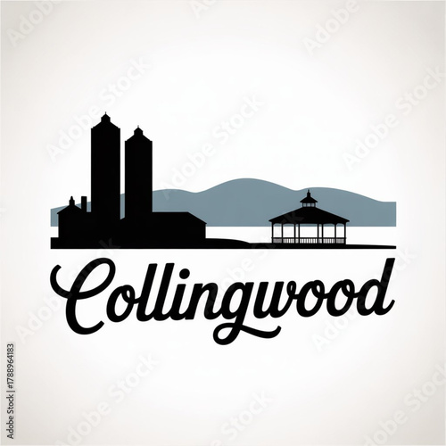 ‎Collingwood Ontario Canada Skyline Silhouette —A Georgian Bay Port City with Blue Mountain Backdrop Vector Illustration