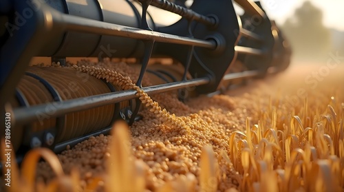 Close view of agricultural machine working in open field showing farming equipment and mechanical tool operating on soil during farm work in rural outdoor environment