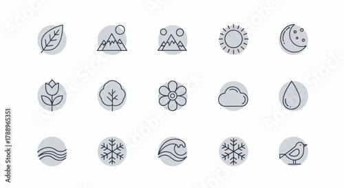 Set of nature and weather icons in a clean line art style.