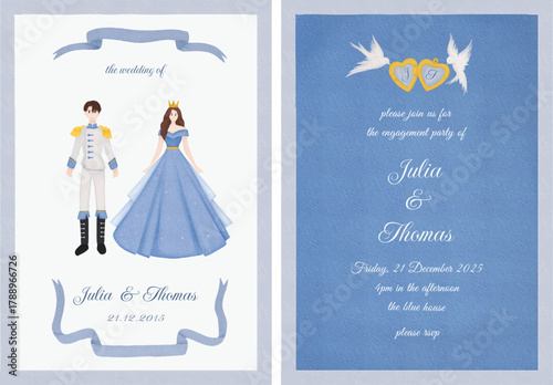 Wedding invitation card royal wedding castle with prince and princess