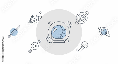 Astronaut Helmet Surrounded by Planets and Space Objects.