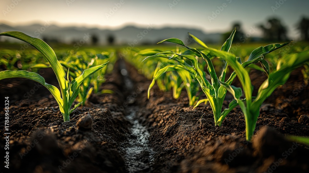 Fototapeta premium Young corn plants growing in a field, agriculture, farming, sustainability and healthy food production