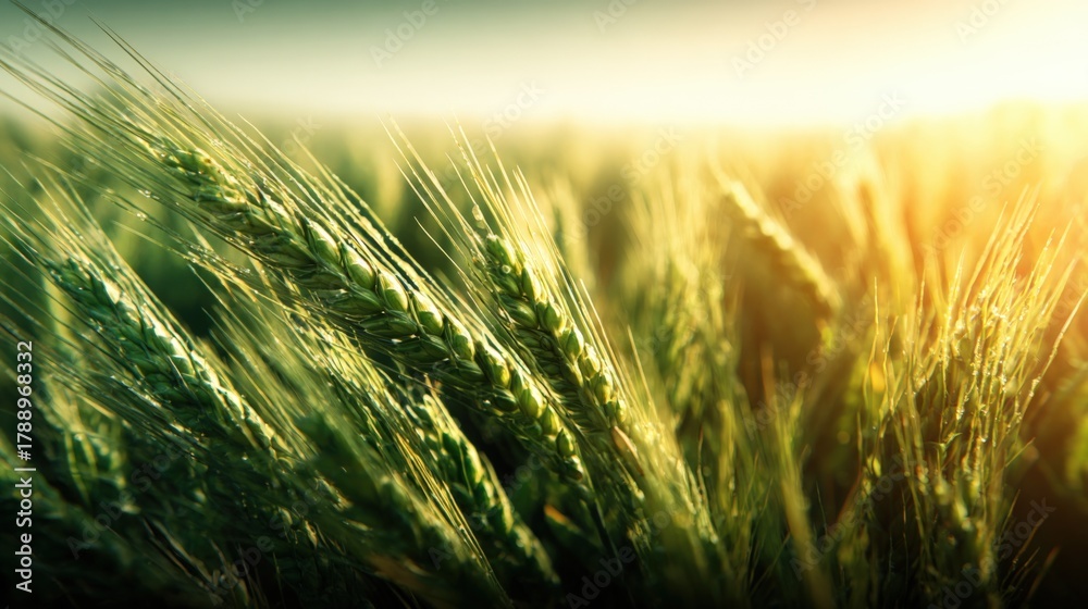 Fototapeta premium Golden wheat field with sun shining through crops, agriculture landscape during harvest season