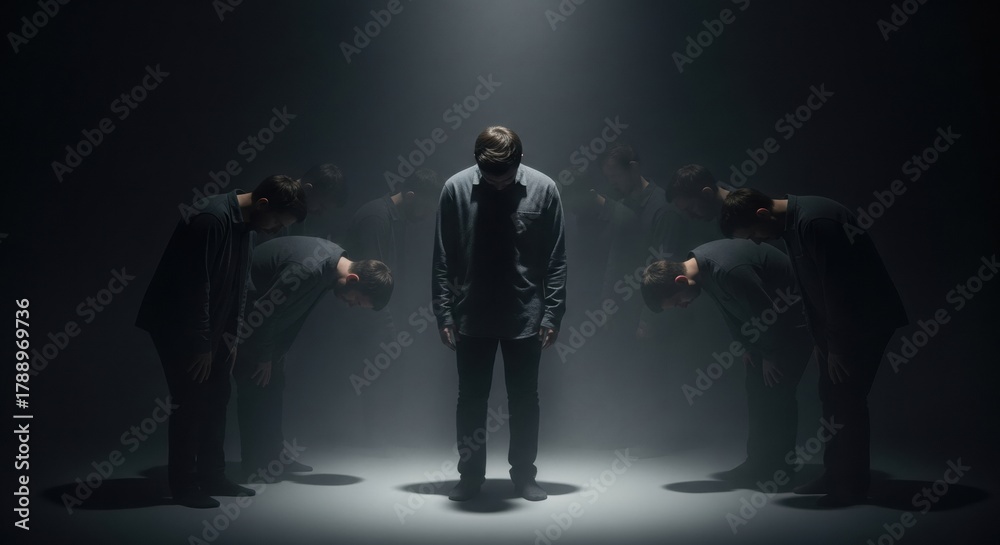 Fototapeta premium Man with head down in a spotlight, surrounded by bowing figures, symbolizing internal conflict, shame, or self-judgment.