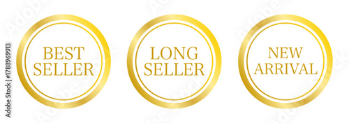 ベストセラー・ロングセラー・新商品を示す英字バッジセット