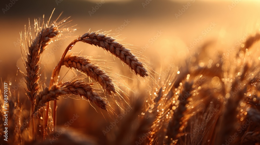 Fototapeta premium Golden wheat field at sunset, agricultural crops, harvest time, rural scene, natural backdrop