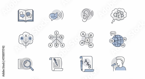Collection of hand-drawn icons representing communication and learning concepts.