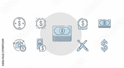 Illustrative icons showcasing financial themes and monetary concepts in a modern design.