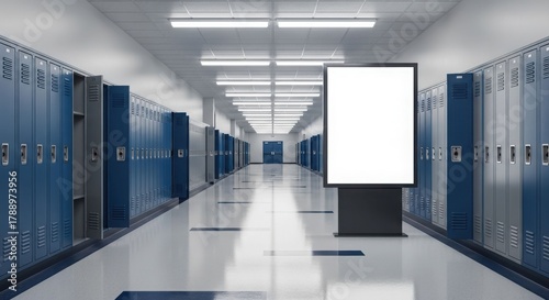 A blank digital billboard stands in a school hallway lined with blue lockers, providing a mockup space for advertising or announcements.