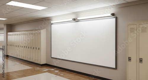A school hallway featuring lockers lining the left wall and a large blank whiteboard mounted on the right wall, illuminated by overhead lights.