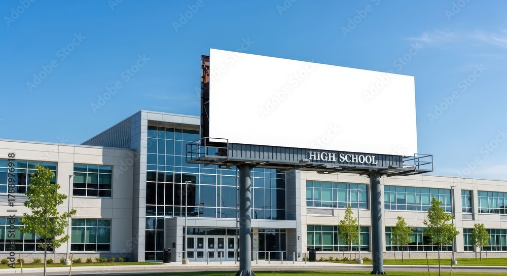 Obraz premium A large, blank billboard stands in front of a modern high school building under a clear, bright sky.