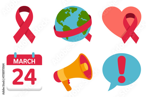 Flat vector icons for health awareness campaign, featuring support ribbon, heart, world globe, calendar date, megaphone, and urgent announcement.