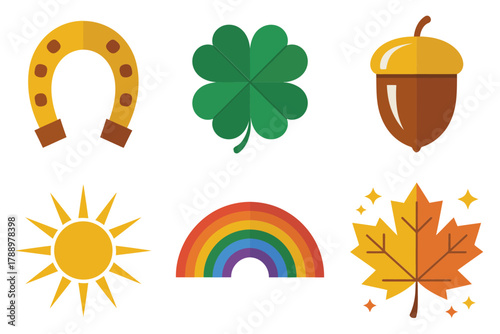 Colored outline vector icons for seasonal luck, showing four leaf clover, horseshoe, acorn, maple leaf, rainbow, and sun.