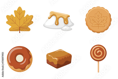 Flat styled vector icons for autumn sweet treats, including maple leaf, syrup, donut, lollipop, and baked pie.