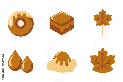 Flat vector icons for sweet breakfast food, featuring donut, caramel candy, maple leaf, and syrup drops,