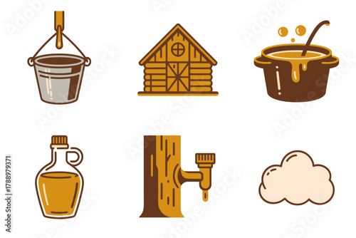 Outline icons for traditional sugar shack setting, illustrating cabin, sap bucket, firewood, and cooking over an outdoor fire,