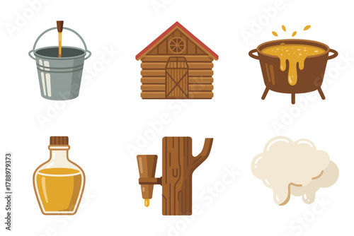 Outline vector icons for rustic autumn syrup preparation, showing sap bucket, log cabin, boiling cauldron, and wood smoke,